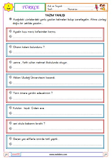 2. Sınıf Türkçe Yazım Yanlışları Etkinliği